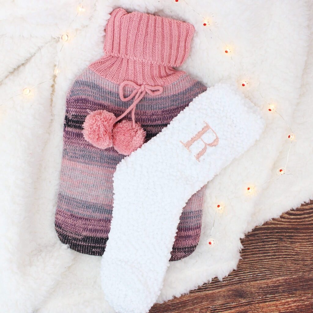 Personalised Fluffy Socks and Pink Knitted Hot Water Bottle Gift Set 