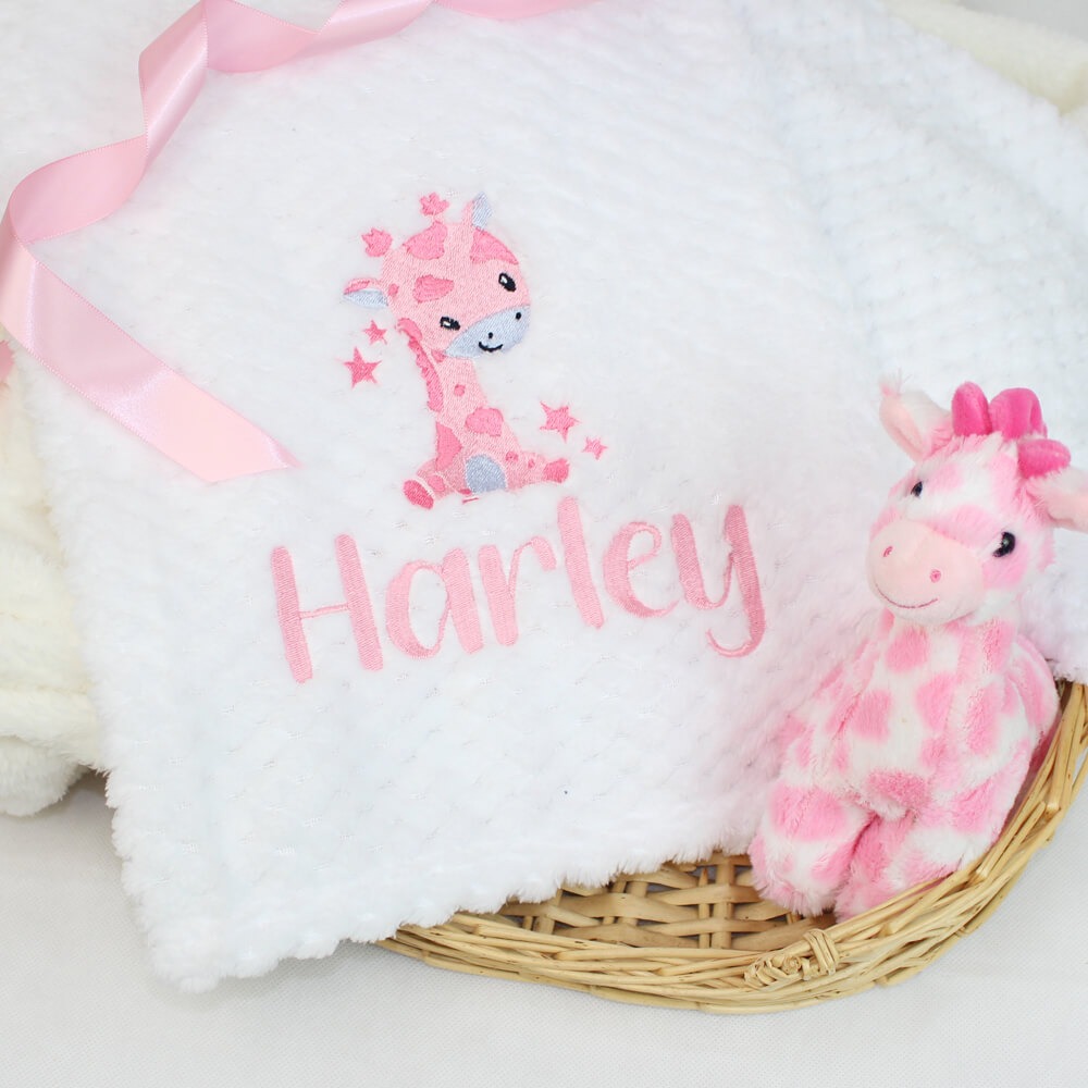 Personalised Baby Giraffe Embroidered White Waffle Blanket | TeddyT's